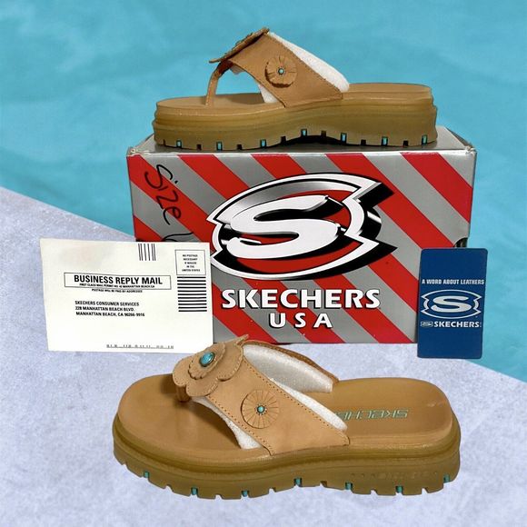Vtg 90's Y2K Skechers Sky Jammers Wheat Tan Leather Thong Sandals Size 6 W WIDE - Picture 1 of 16